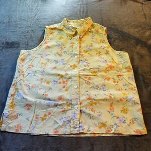 VTG Jones New York Yellow Floral Sleeveless Button Blouse Sz 14P Cottage Granny